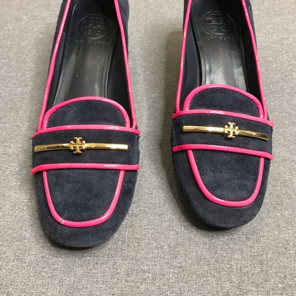 Tory Burch Nora Navy Blue/Pink Suede Loafers - Picture 6 of 7